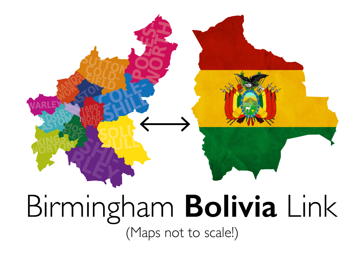 colourful cut out of  the Birmingham districts with an arrow towards a cut out of Bolivia with the flag overlayed with the text 